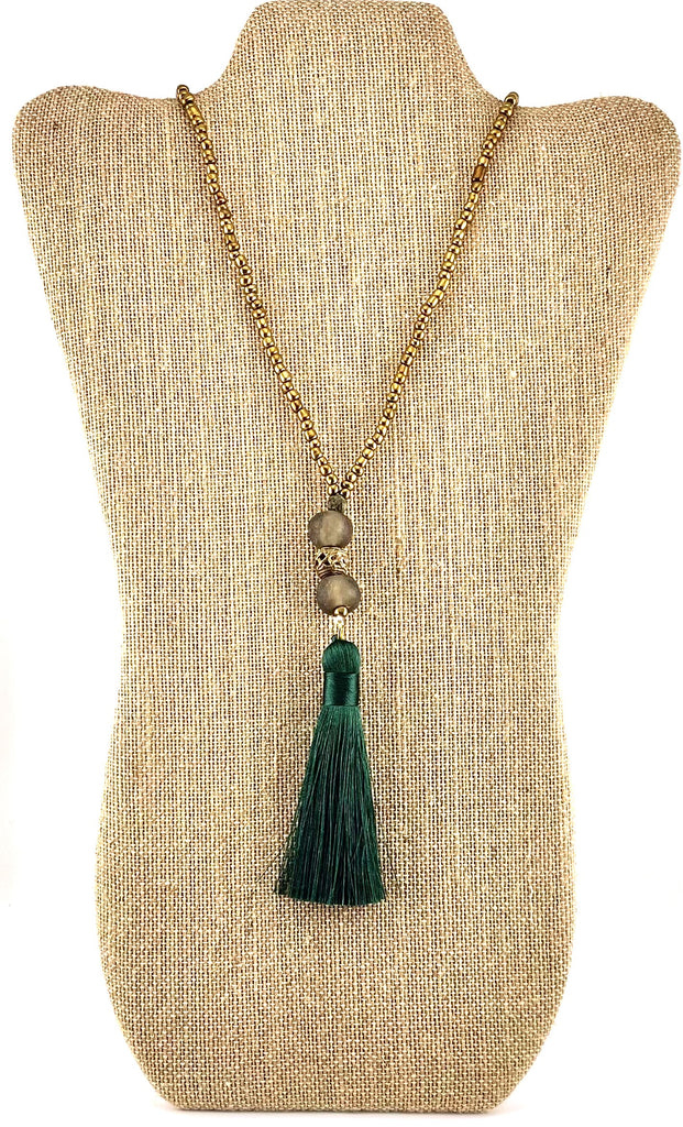 Taupe Ghana Glass & Emerald Threaded Tassel Necklace