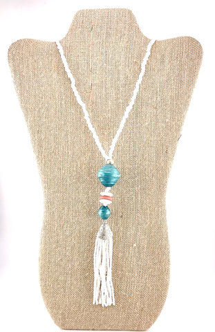 Turquoise Paper Bead/White Seed Beads Tassel Necklace