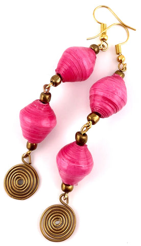 Hot Pink Paper Bead Double Drop & Twisted Wire Earrings