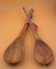 Hand-carved Olive Wood Spoon Set - Black & White Cow Horn Inlay Handles