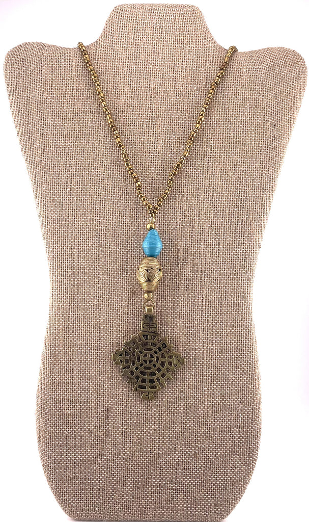 Coptic Cross Pendant & Turquoise Paper Bead Necklace