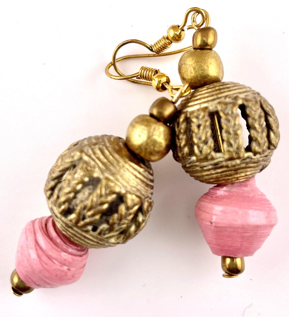 Ethiopian Brass with Pink Paper Bead Double Drop Earrings