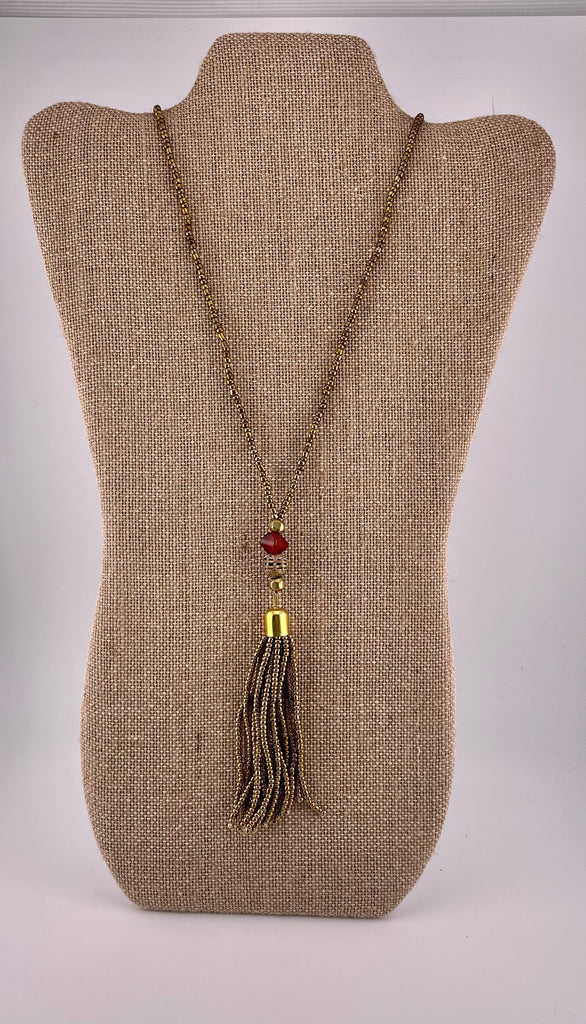 Gold Seed Bead Tassel & Garnet Bead Necklace