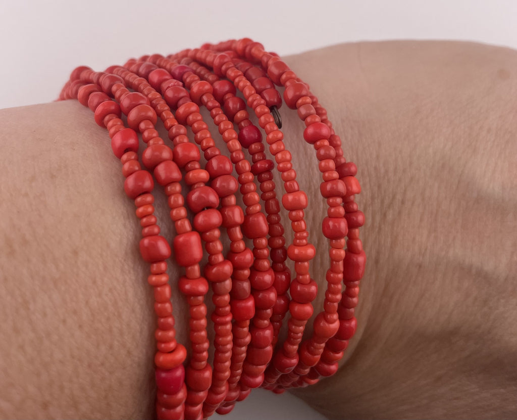 Red Seed Bead Coiled 10-Wrap Bracelet