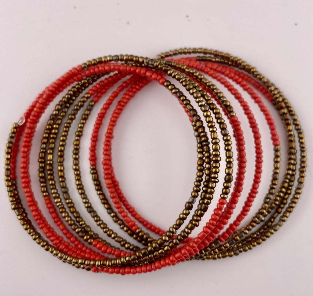 Red, Gold Seed Bead 10-Wrap Bracelet