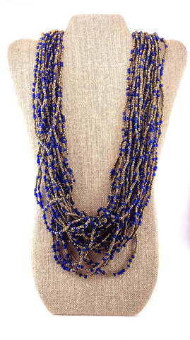 Cobalt Blue & Gold Seed Bead Cascading Necklace