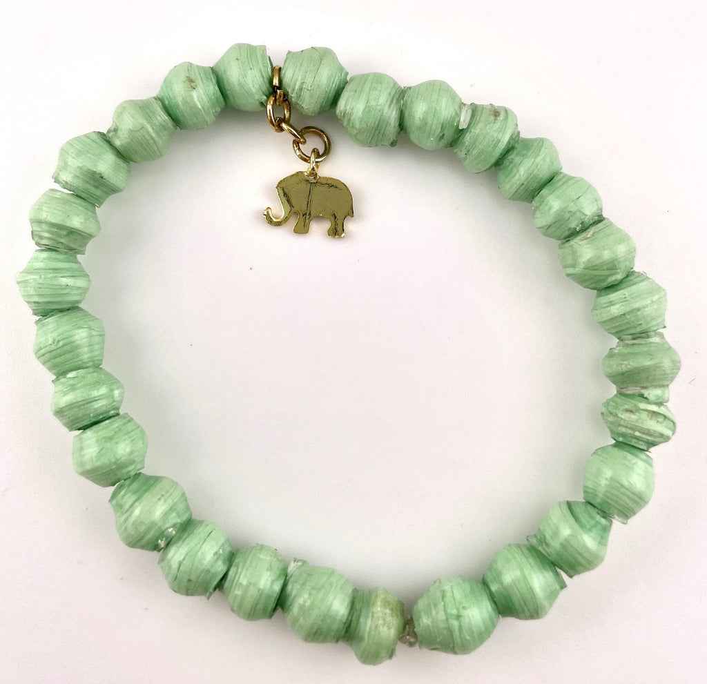 Sea Foam Tiny Paper Beads Stretchy Bracelet with Elephant Charm