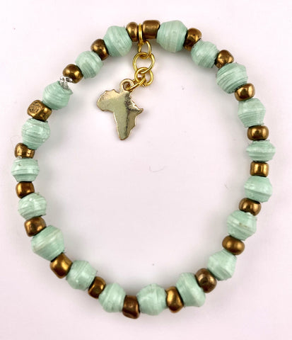 Sea Foam Tiny Paper Beads & Gold Seed Bead Stretchy Bracelet with Africa Charm