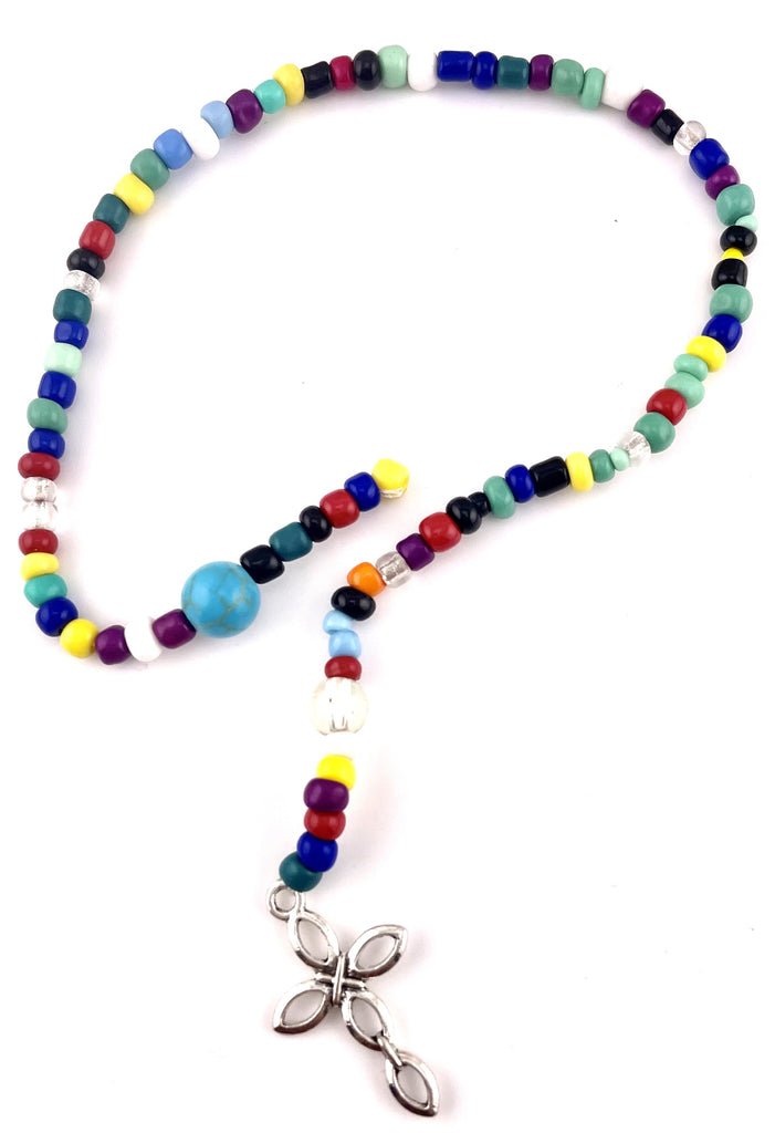 Bookmark of Multi-Colored Seed Beads and a Silver Cross