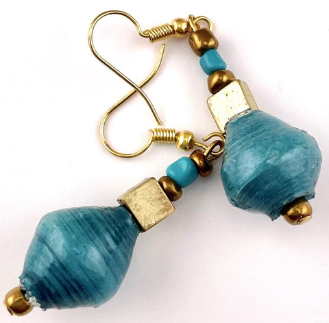 Turquoise Paper Bead & Gold Elegant Earrings