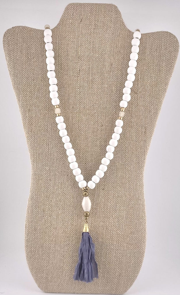 White Wood Bead & Blue Fabric Tassel Necklace
