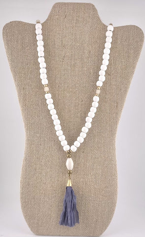 Blue Fabric Tassel with White Wood Beads Necklace