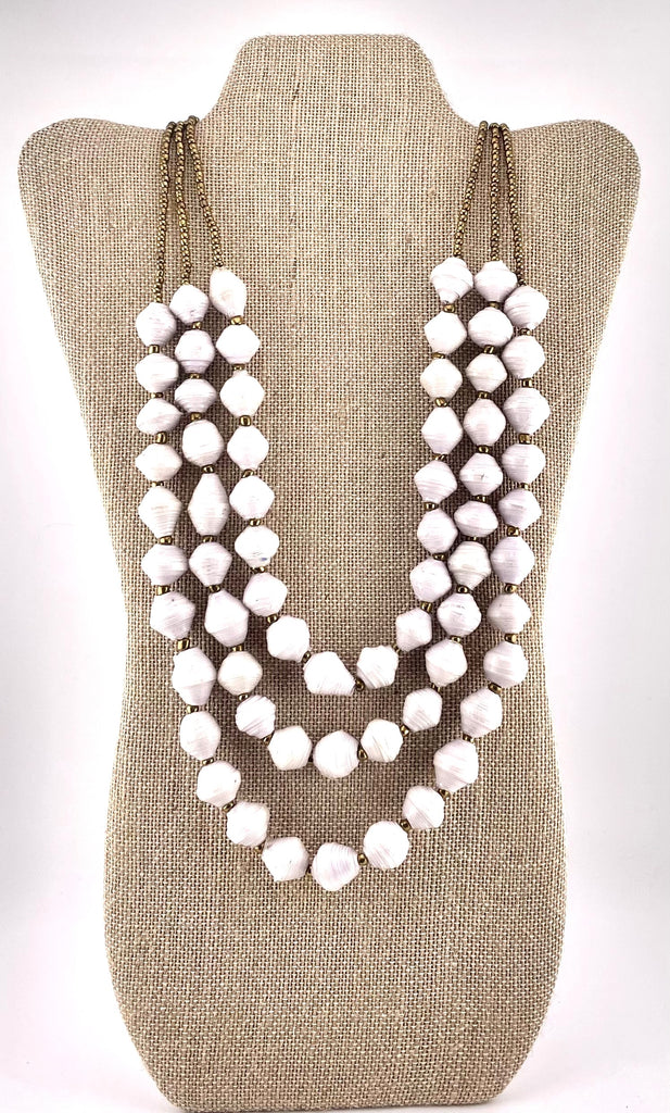 Paper Bead Triple Strand Necklace in White and Gold