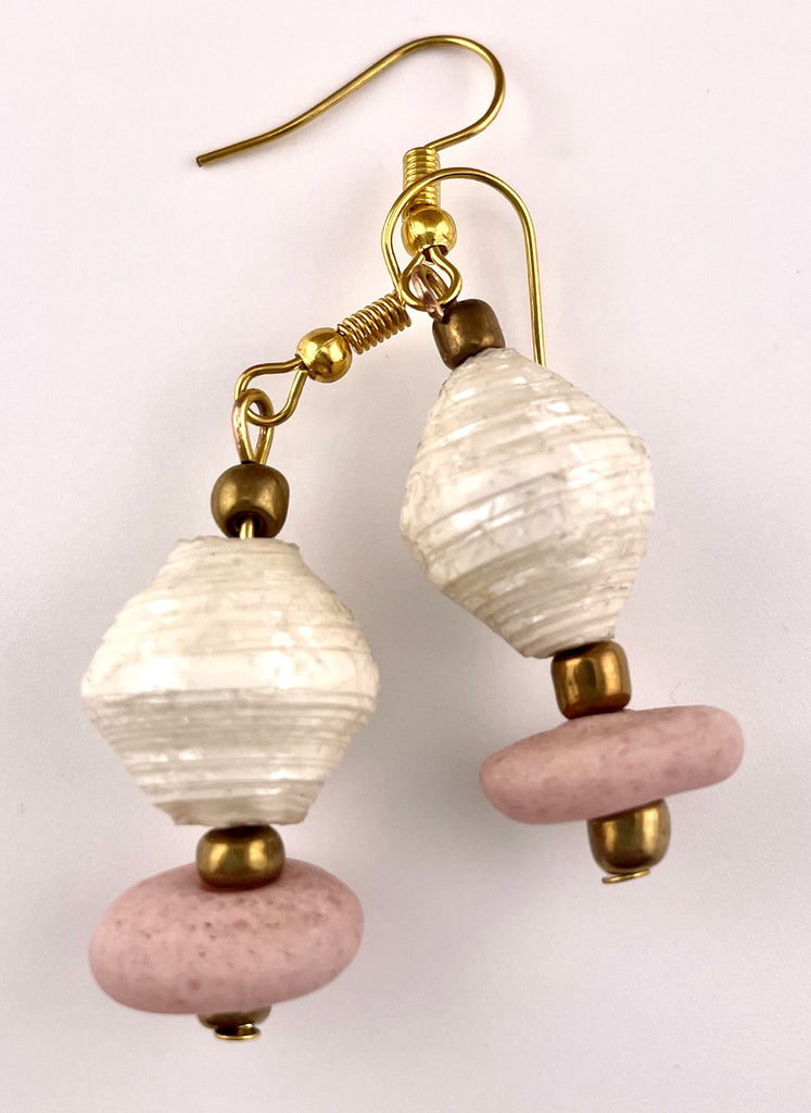 Pink Ghana Glass  & Gold Paper Bead Double Drop Chunky Earrings