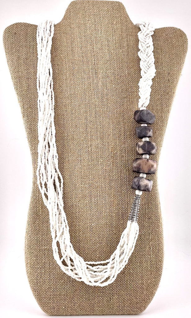 White Seed Beads & Purple-Stained Wood Ron-dells Necklace