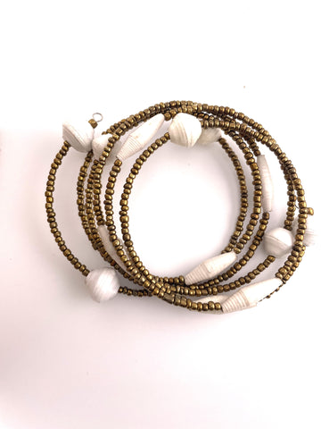 White Paper Beads with Gold Seed Beads Coiled Bracelet