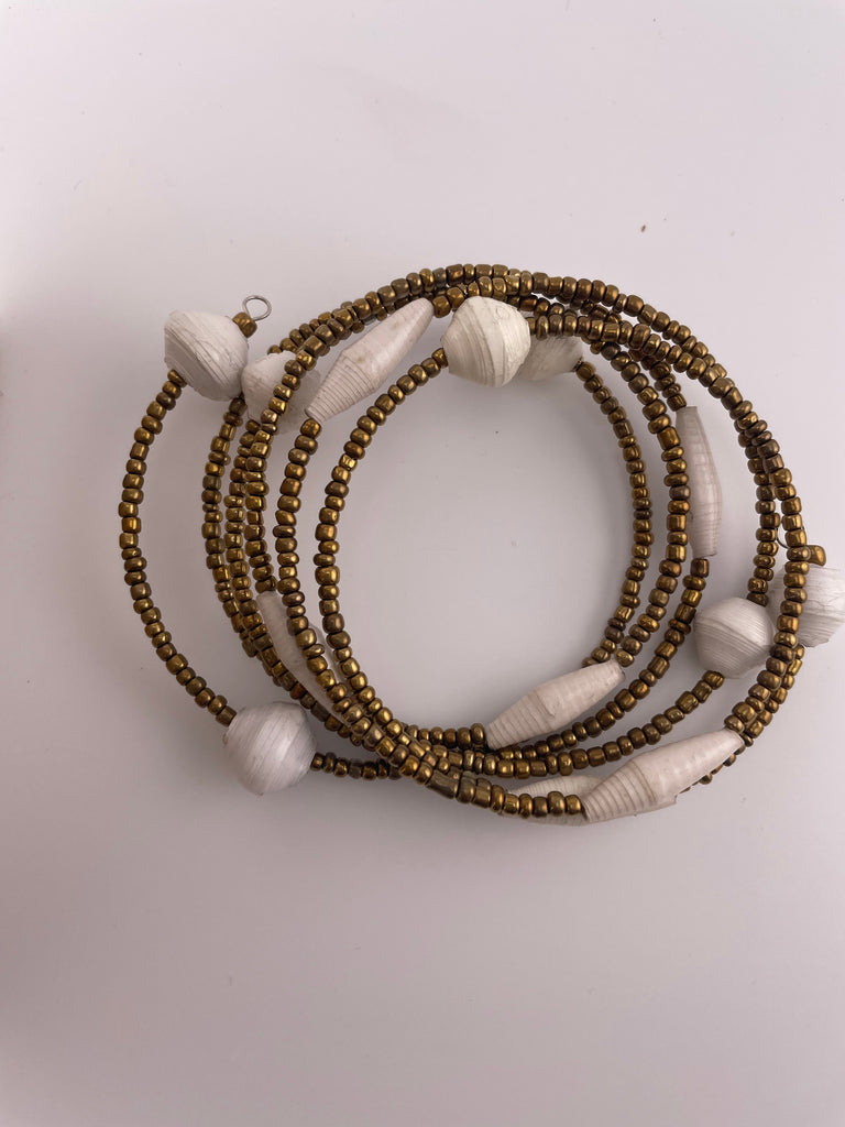 Gold & White Paper Bead 5-Wrap Coiled Bracelet