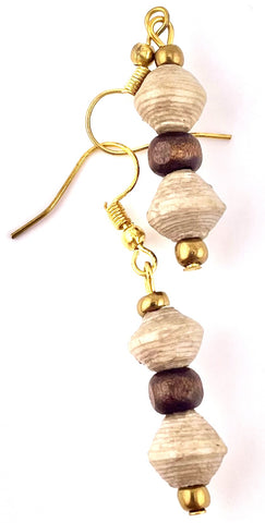 Paper Bead & Wood Triple-Drop Earrings