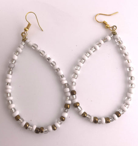 Seed Bead Tear Drops in White, Gold & Clear