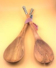 Hand-carved Olive Wood Spoon Set - Black & White Cow Horn Inlay Handles