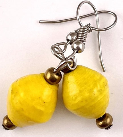 Paper Bead Single Drop Earrings in Yellow