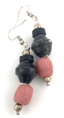 Black Paper Bead & Pink Ghana Glass Earrings