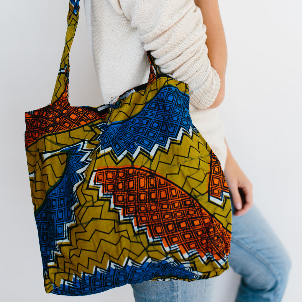 African Print Slouchy Bag - Olive/Blue/Orange