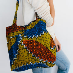 African Print Slouchy Bag - Olive/Blue/Orange