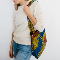 African Print Slouchy Bag - Olive/Blue/Orange