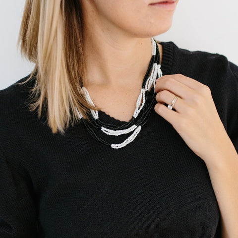 Beaded Color Block Necklace - Black + White