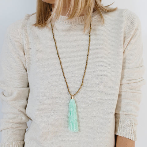 Beaded Tassel Necklace - Seafoam Thread