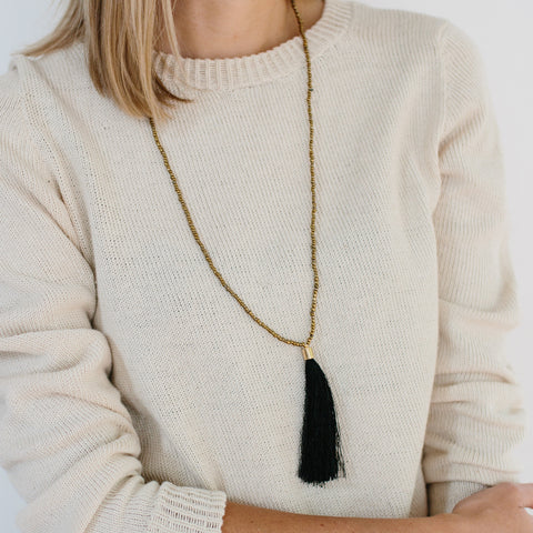 Beaded Tassel Necklace - Black Thread