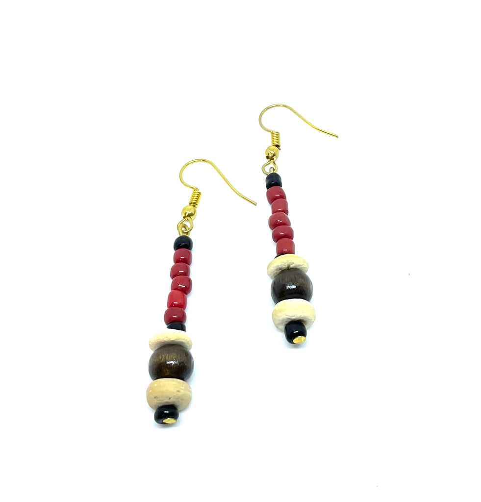 Red Seed Bead/Wood Earrings
