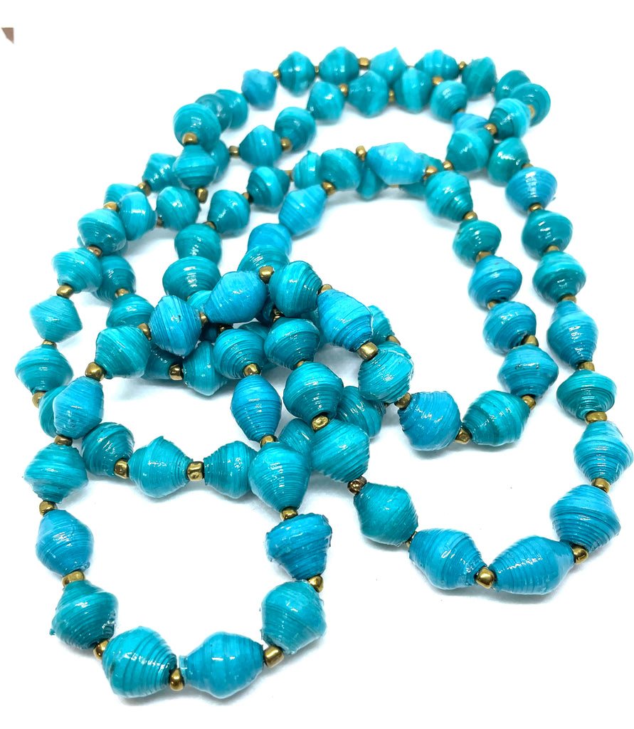 Turquoise Paper Bead Long Necklace