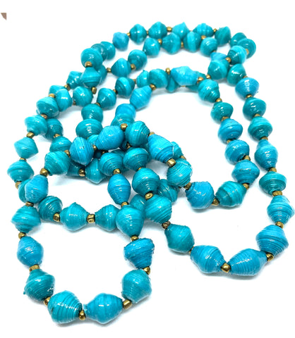 Turquoise Paper Bead Long Single Strand Necklace