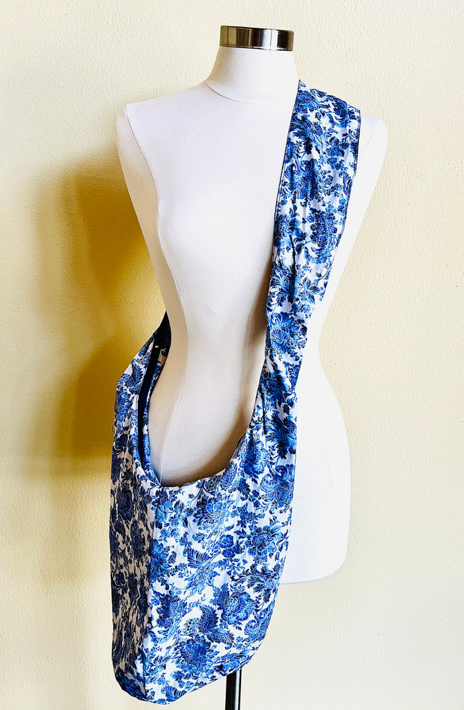 Blue Floral Slouchy Bag with Zipper