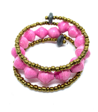 Pink/Grey  Paper Bead 3-Wrap Bracelet