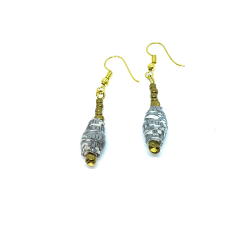 Grey/White Paper Bead Single Drop Earrings