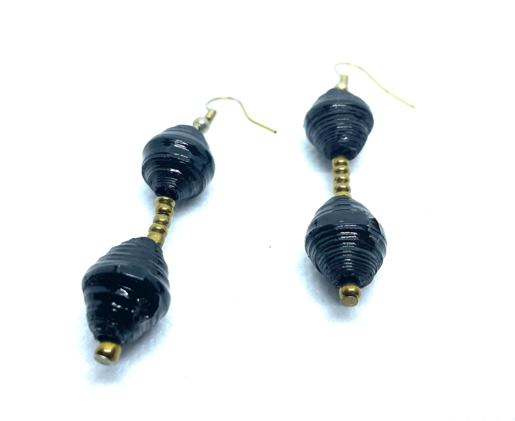 Black Paper Bead Double Drop Earrings