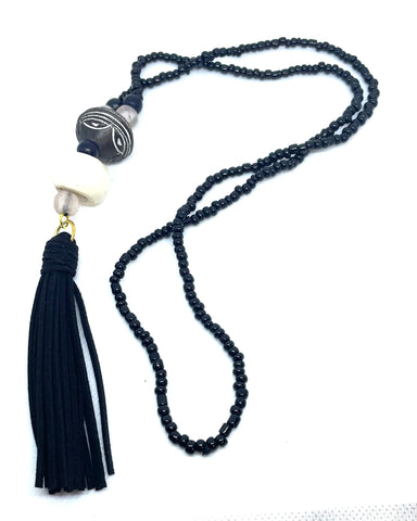 African Wood/Bone Black Tassel Necklace