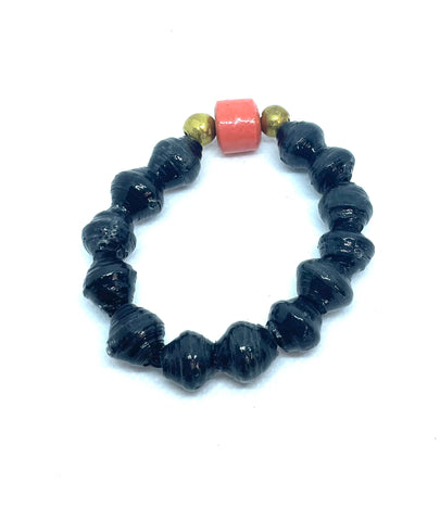 Black Paper Bead with Tangerine Stone Stretchy Bracelet