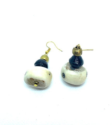 Bone & Black Paper Bead Earrings