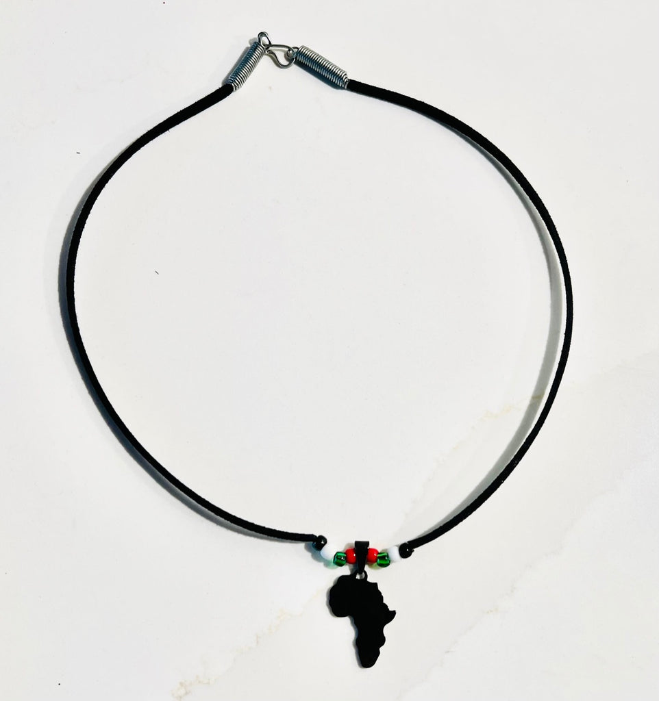 Black Leather Choker with Black Africa Charm and the colors of the Kenyan Flag