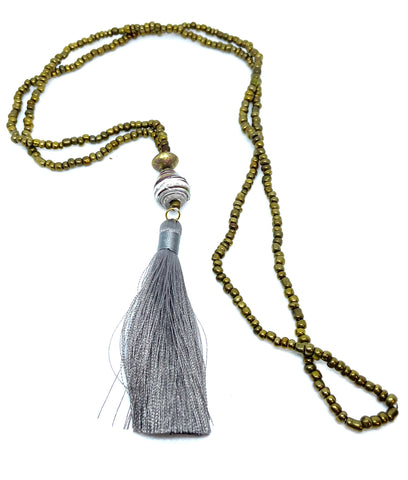 Grey Paper Bead Threaded Tassel Necklace