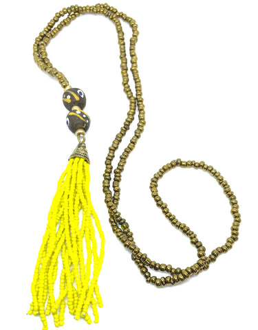 African Bogo Beads/Yellow Seed Bead Tassel Necklace
