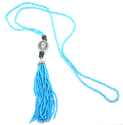 Blue Seed Beads Tassel Necklace