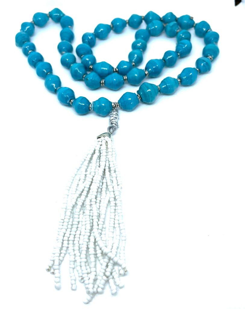 Turquoise Paper Bead/White Seed Bead Tassel Necklace