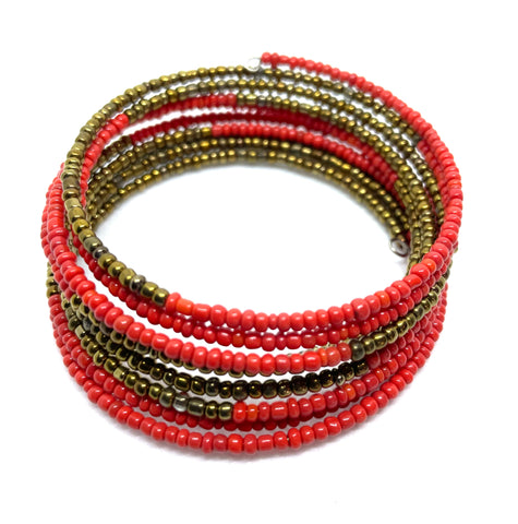 Coral/Gold Seed Beads 8-Wrap Bracelet