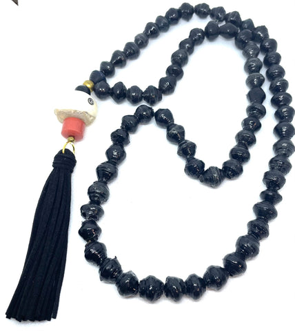 Black Paper Bead with Tangerine Stone Tassel Necklace