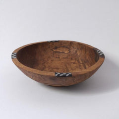 Hand-Carved Olive Wood Bowl with Stained Cow Horn Inlay - 9"D